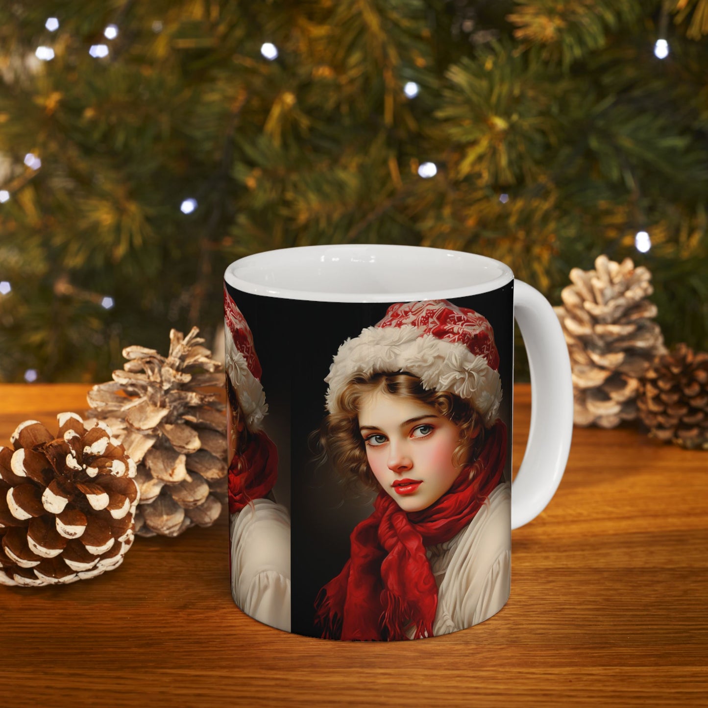 Victorian Christmas Lady Ceramic Mug Red & White 01