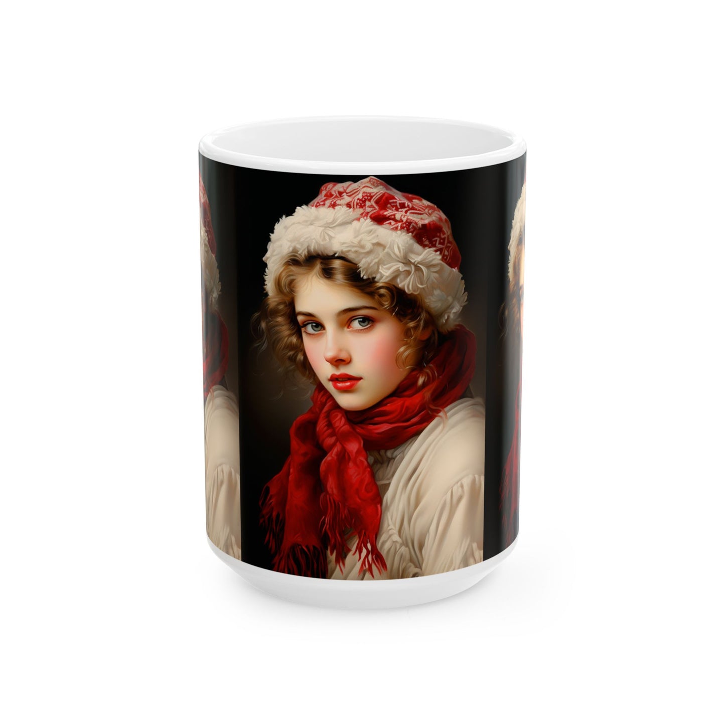 Victorian Christmas Lady Ceramic Mug Red & White 01