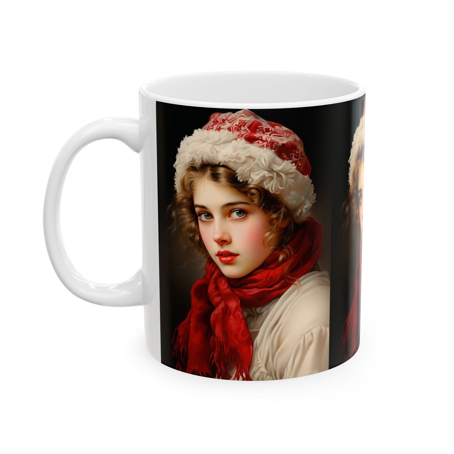 Victorian Christmas Lady Ceramic Mug Red & White 01