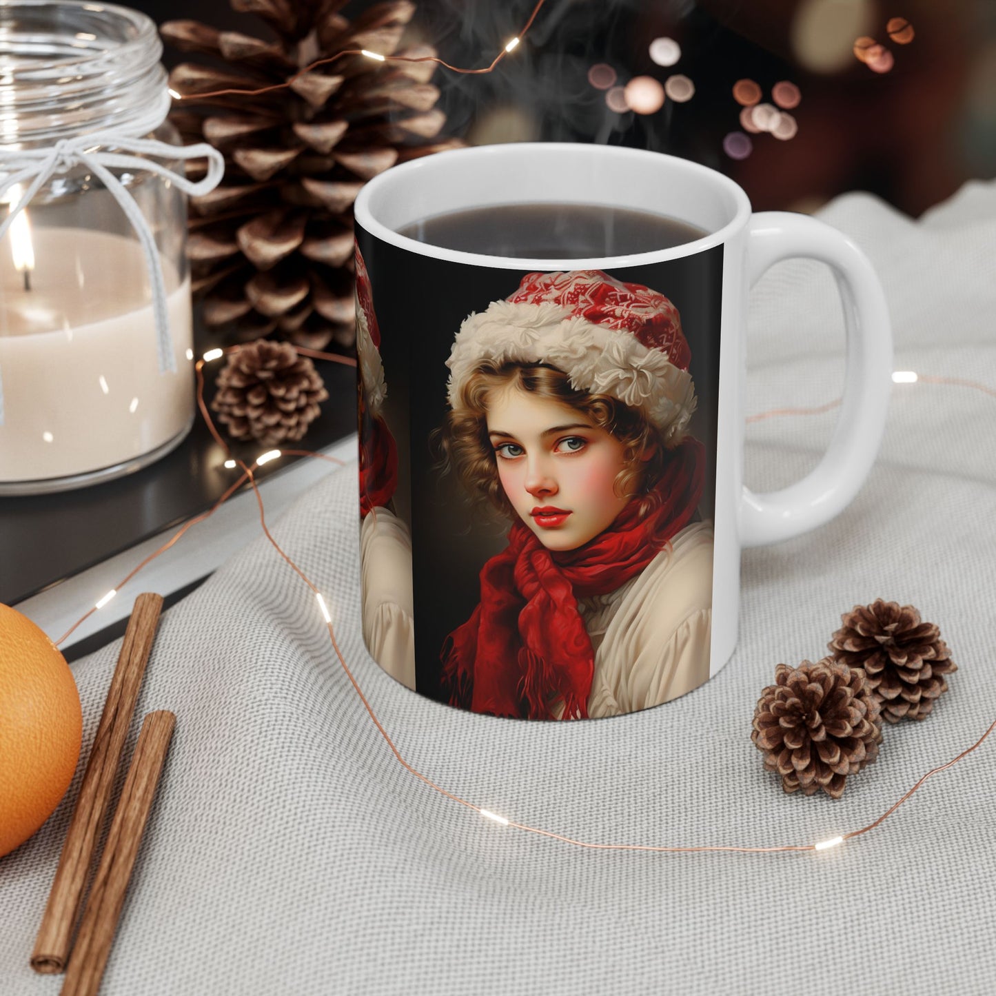 Victorian Christmas Lady Ceramic Mug Red & White 01