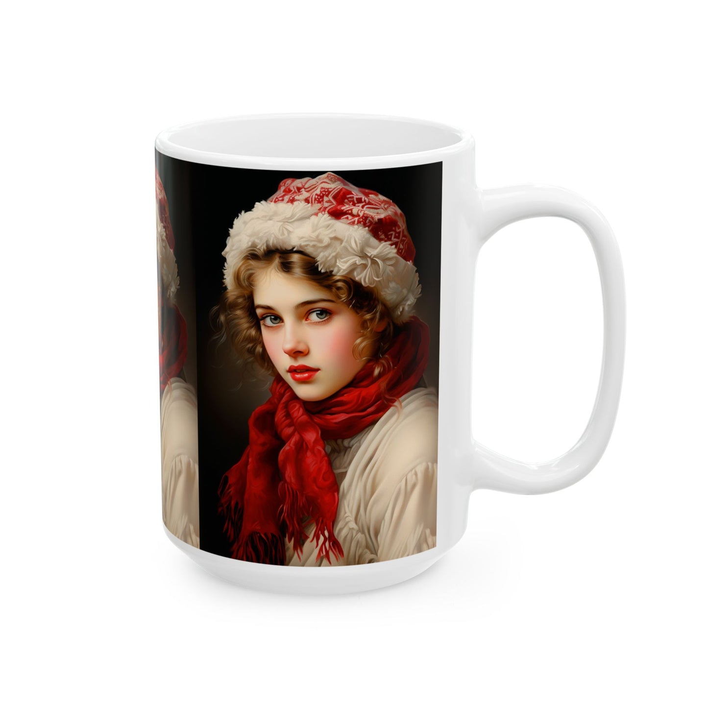 Victorian Christmas Lady Ceramic Mug Red & White 01